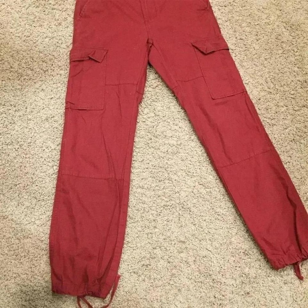 DWFH Women's mid-Rise Cargo Pants S Elastic Waist Cuffs dark red Cotton